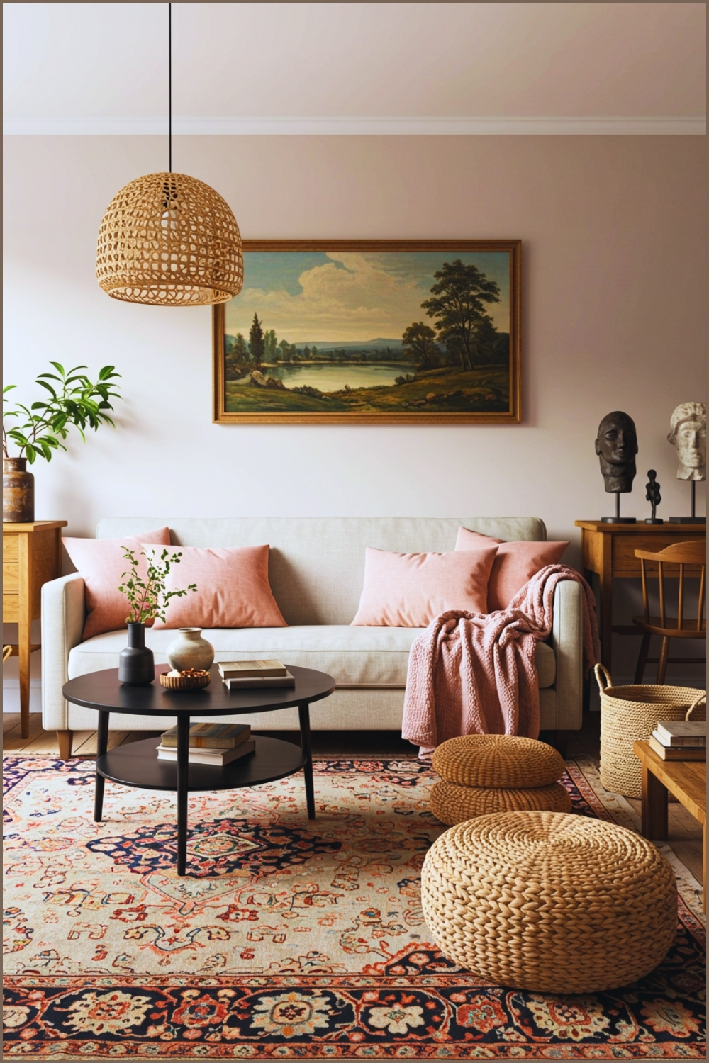 Vintage Bohemian Living Room, Cozy Atmosphere, Neutral Sofa With Soft Pink Pillows