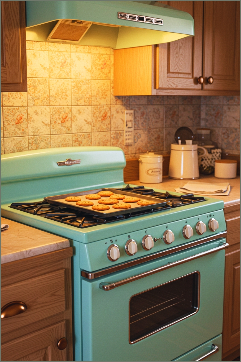 Vintage Cottage Kitchen, Pastel Mint Green Retro Oven