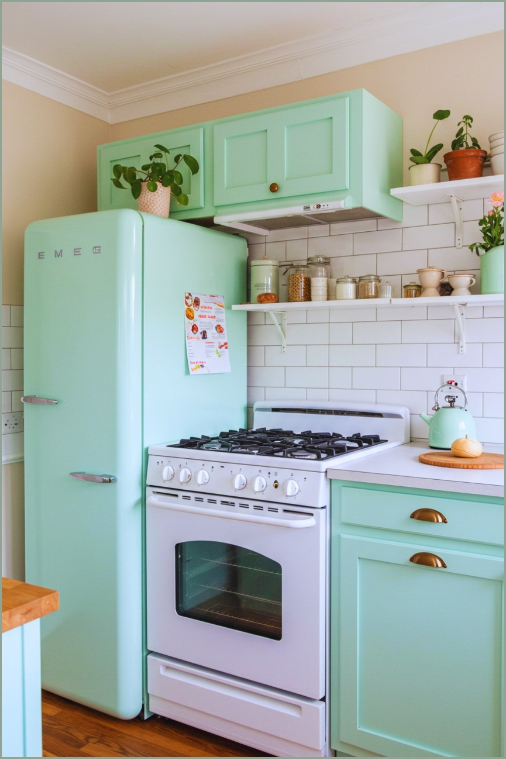 Vintage Inspired Kitchen, Pastel Retro Fridge, Cream Oven, Mint Cabinets