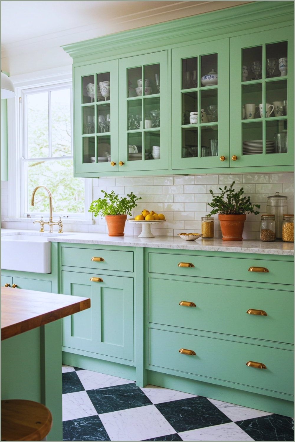 Vintage Style Kitchen With Mint Green Cabinets Brass Handles