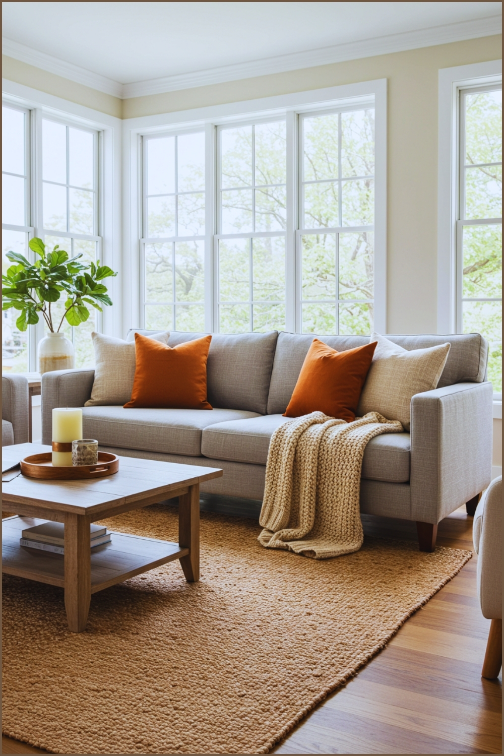 Warm And Inviting Living Room With Large Windows Letting In Natural Light