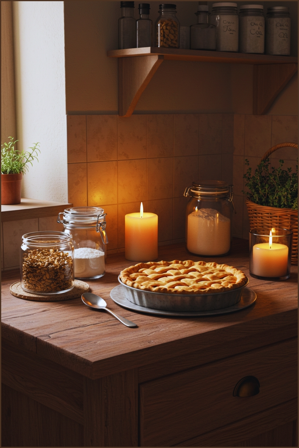 Warm Cottage Kitchen Corner, Wooden Table With Freshly Baked Pie