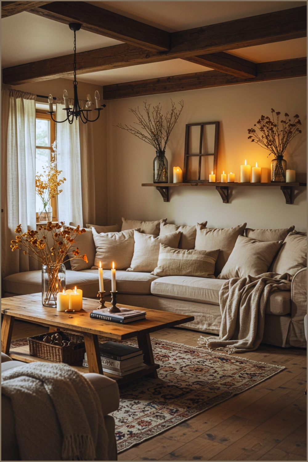 Warm Rustic Cottage Living Room With Wooden Beamed Ceiling