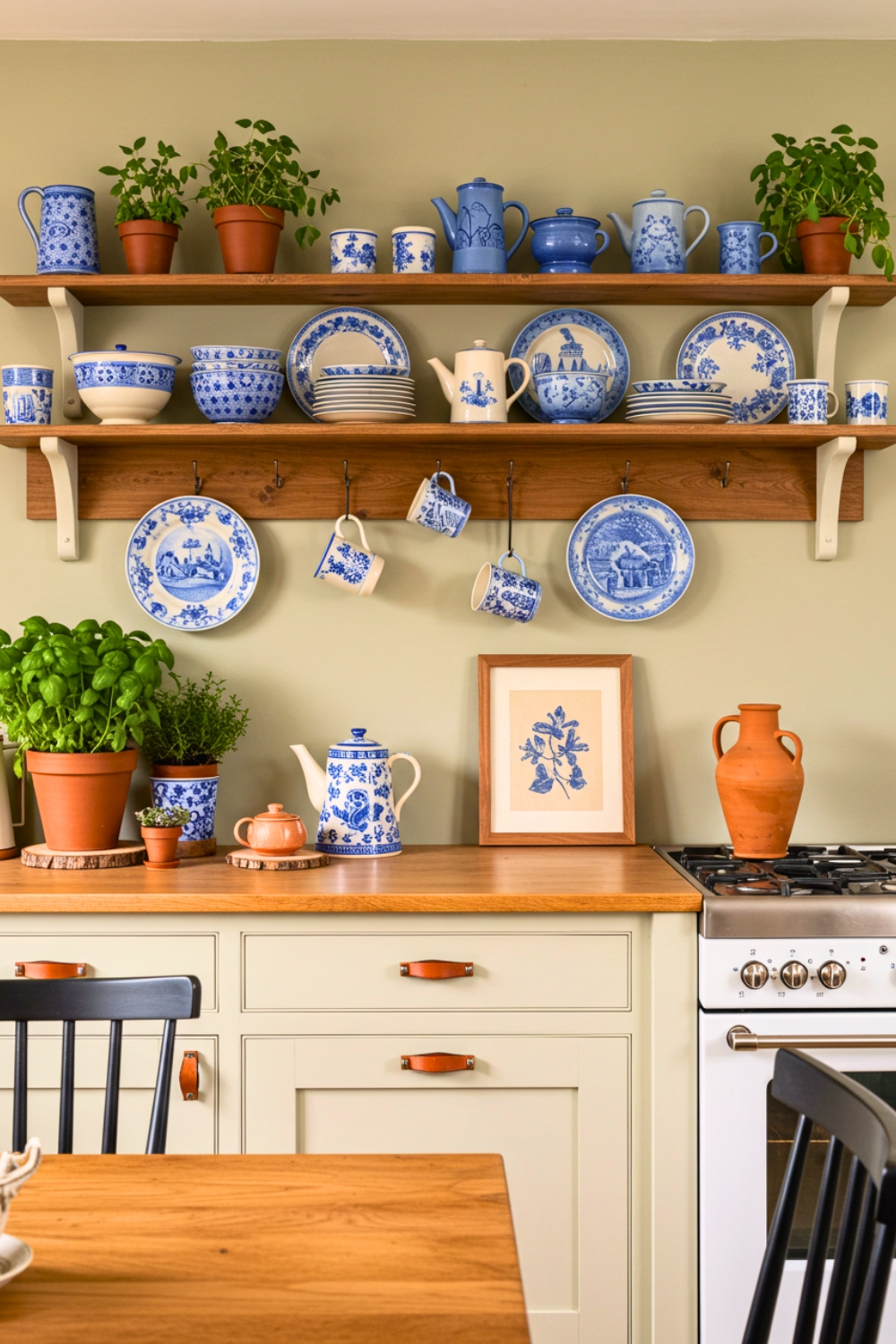 Warm Rustic Cottage Kitchen Open Wooden Shelves With White