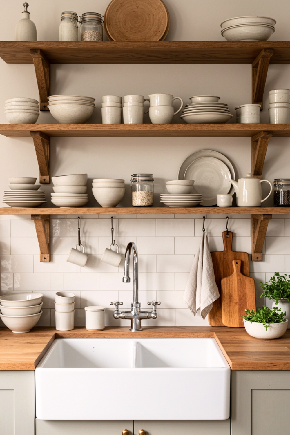 Warm Scandinavian Rustic Kitchen Open Solid Wood Shelves