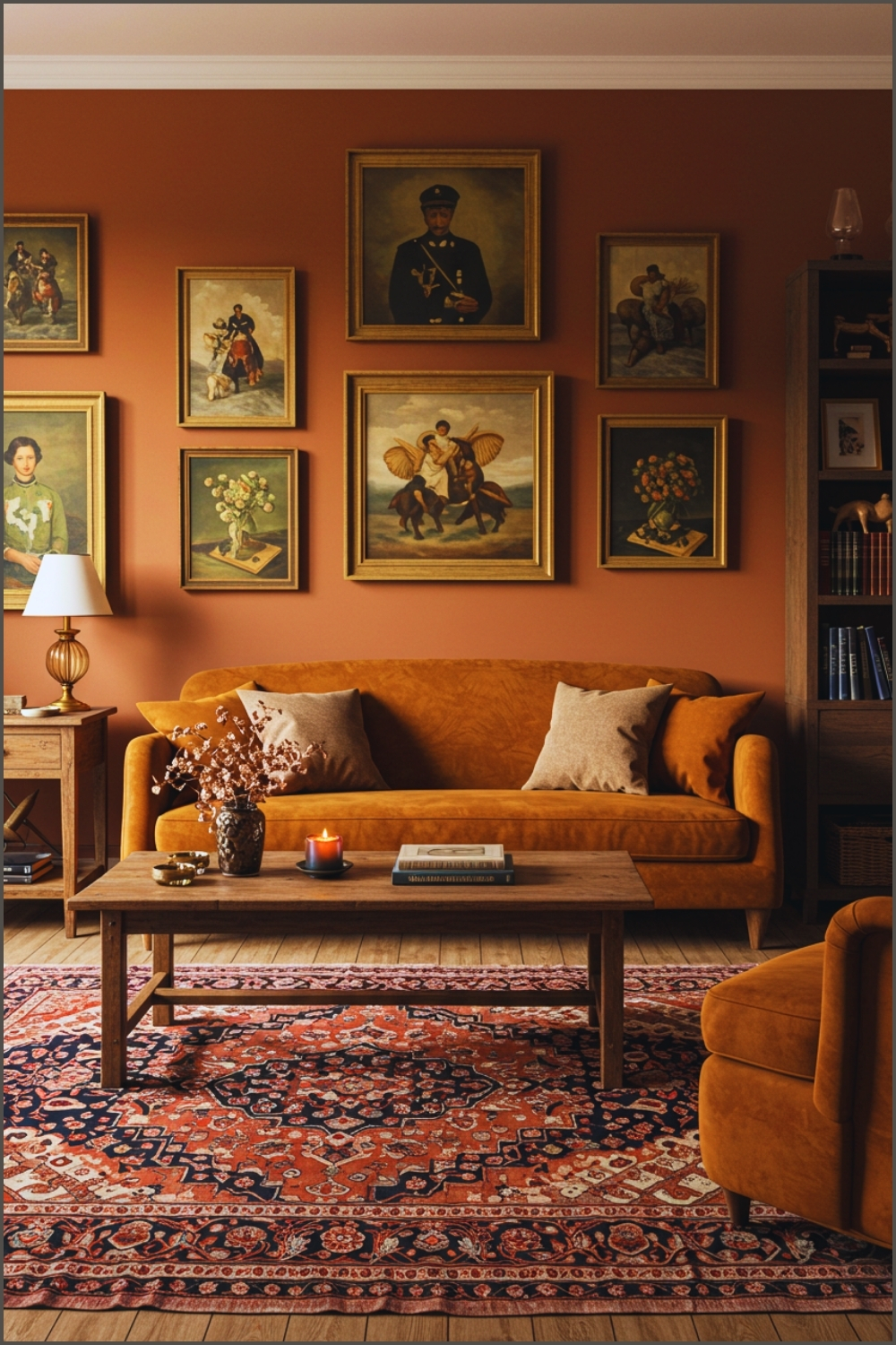 Warm Vintage Living Room, Terracotta Colored Walls And Velvet Sofa