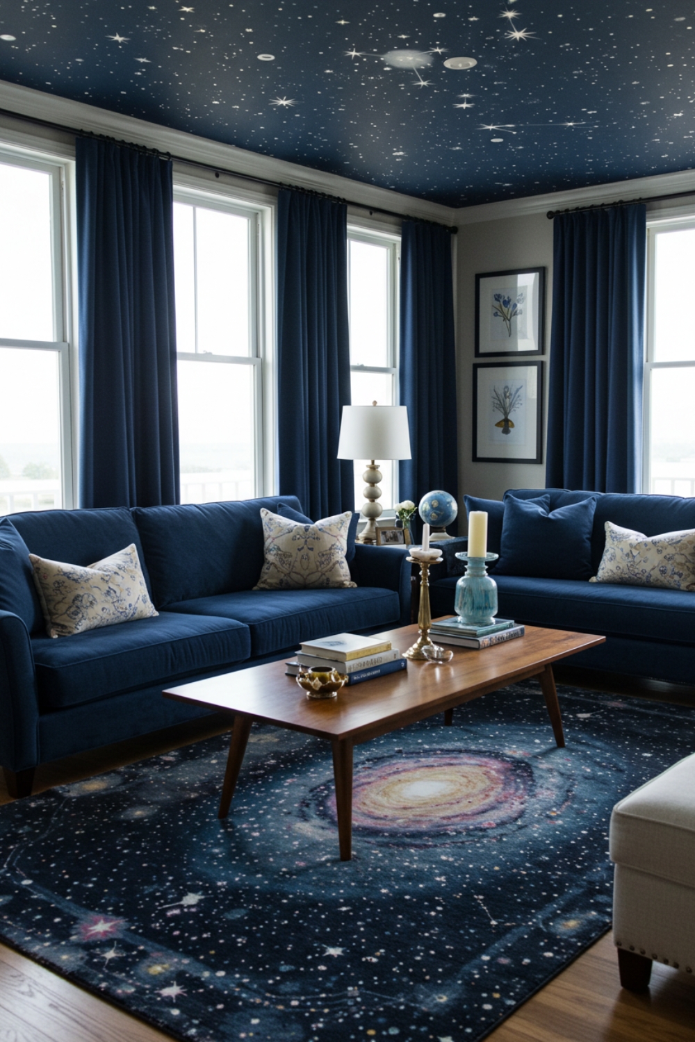 Celestial Living Room With Navy Sofas And Starry Night Ceiling 