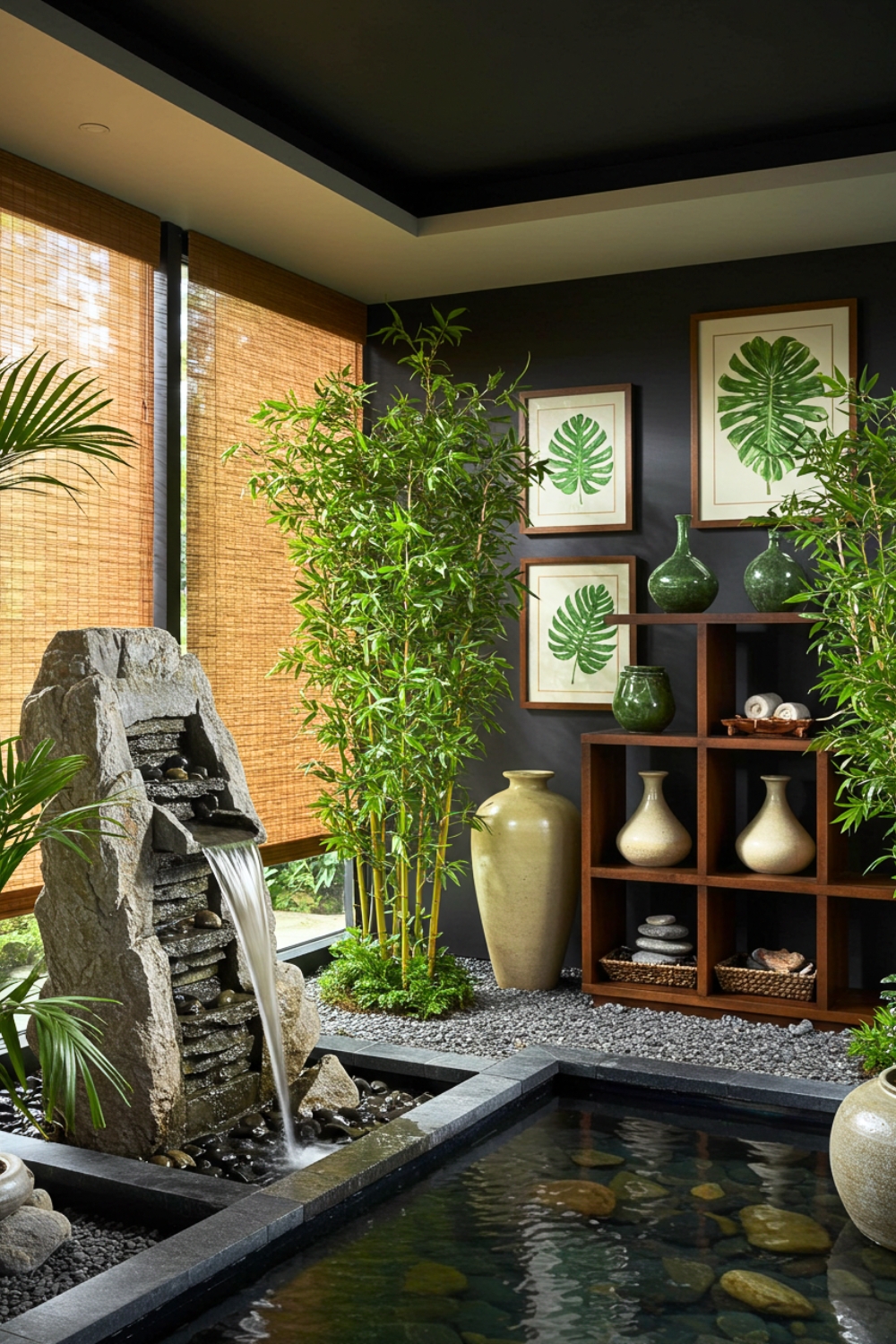 Zen Living Room With Waterfall And Pebble Pond 