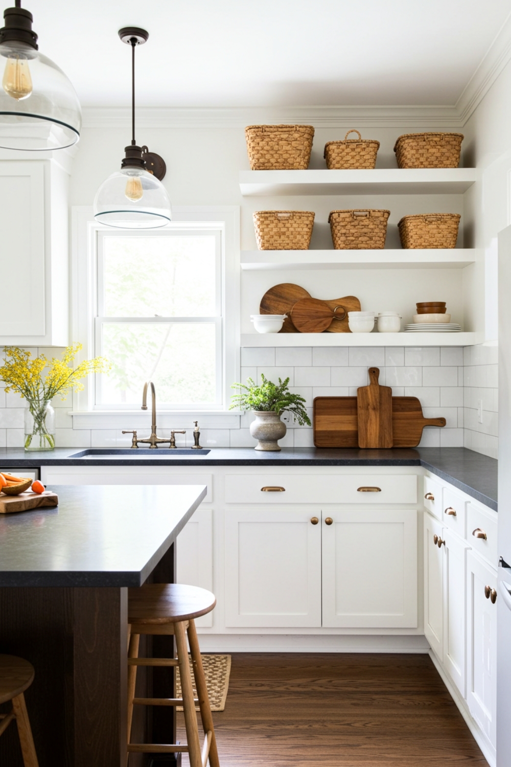 bright white kitchen with open shelving displaying woven baskets and boards