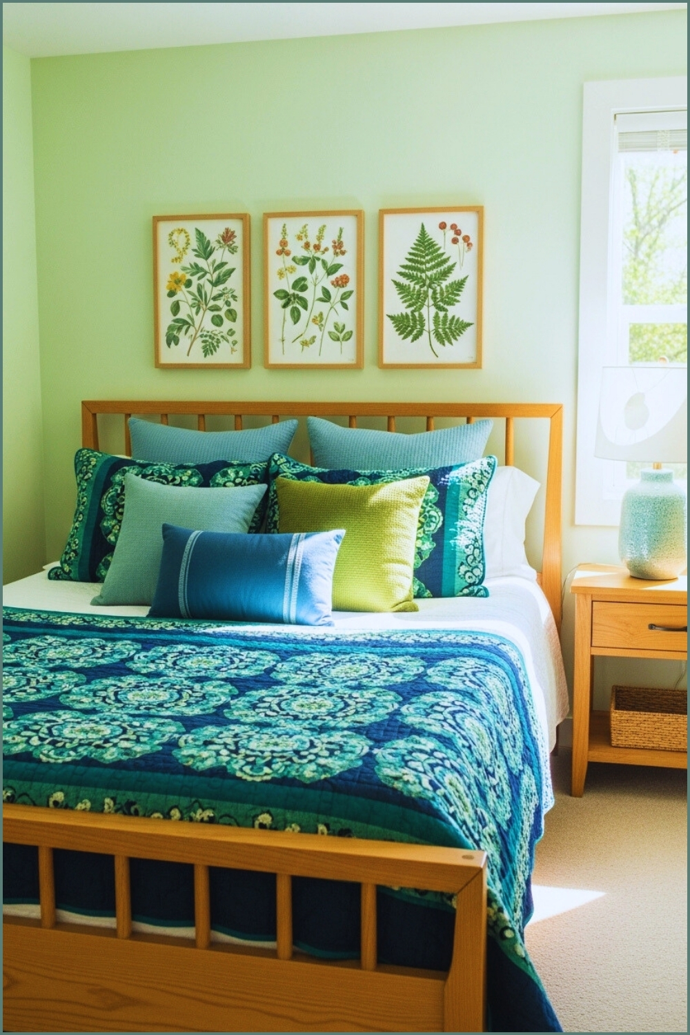 A Bedroom With Light Green Walls, Wooden Bed Frame, Teal And Navy Patterned Quilt