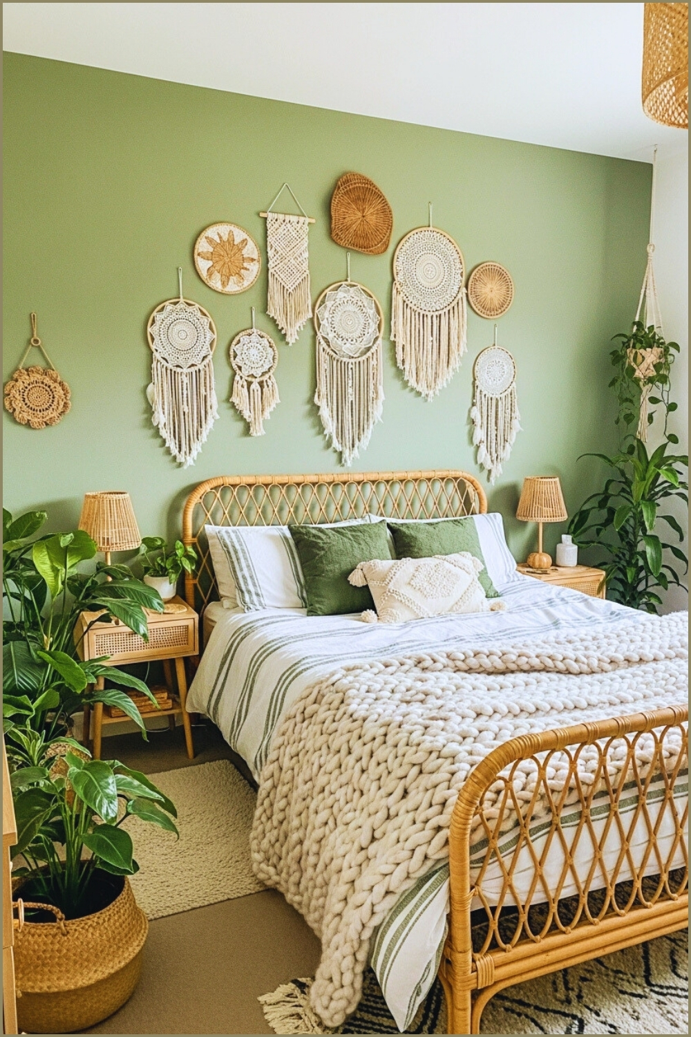 A Boho Style Bedroom With Sage Green Walls Rattan Bed Frame