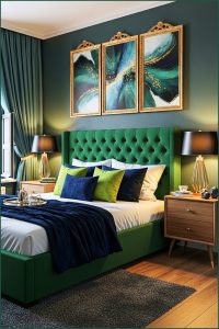 A Bold Bedroom With Emerald Green Tufted Bed, Dark Teal Walls