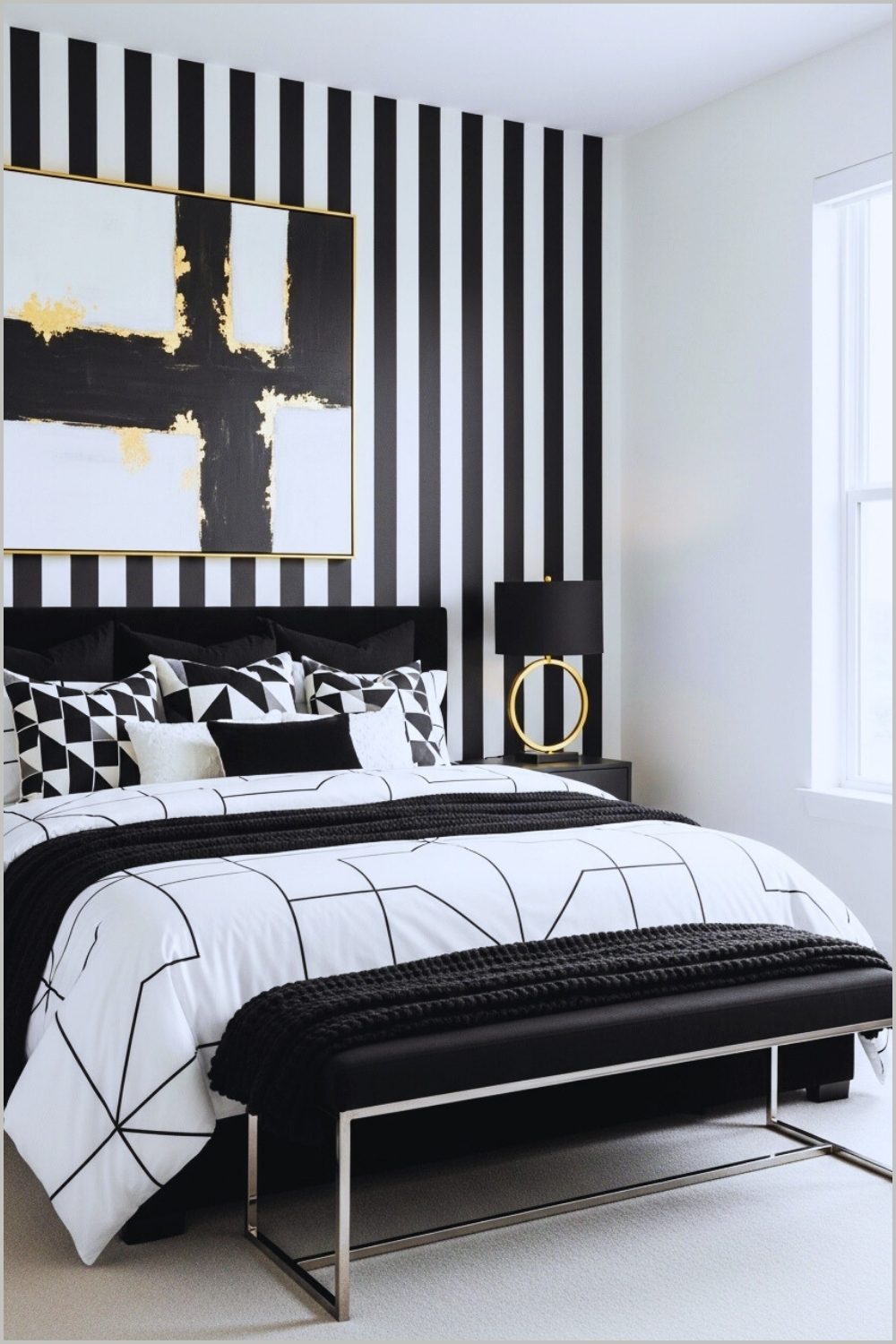 A Bold Black And White Bedroom Featuring High Contrast Walls