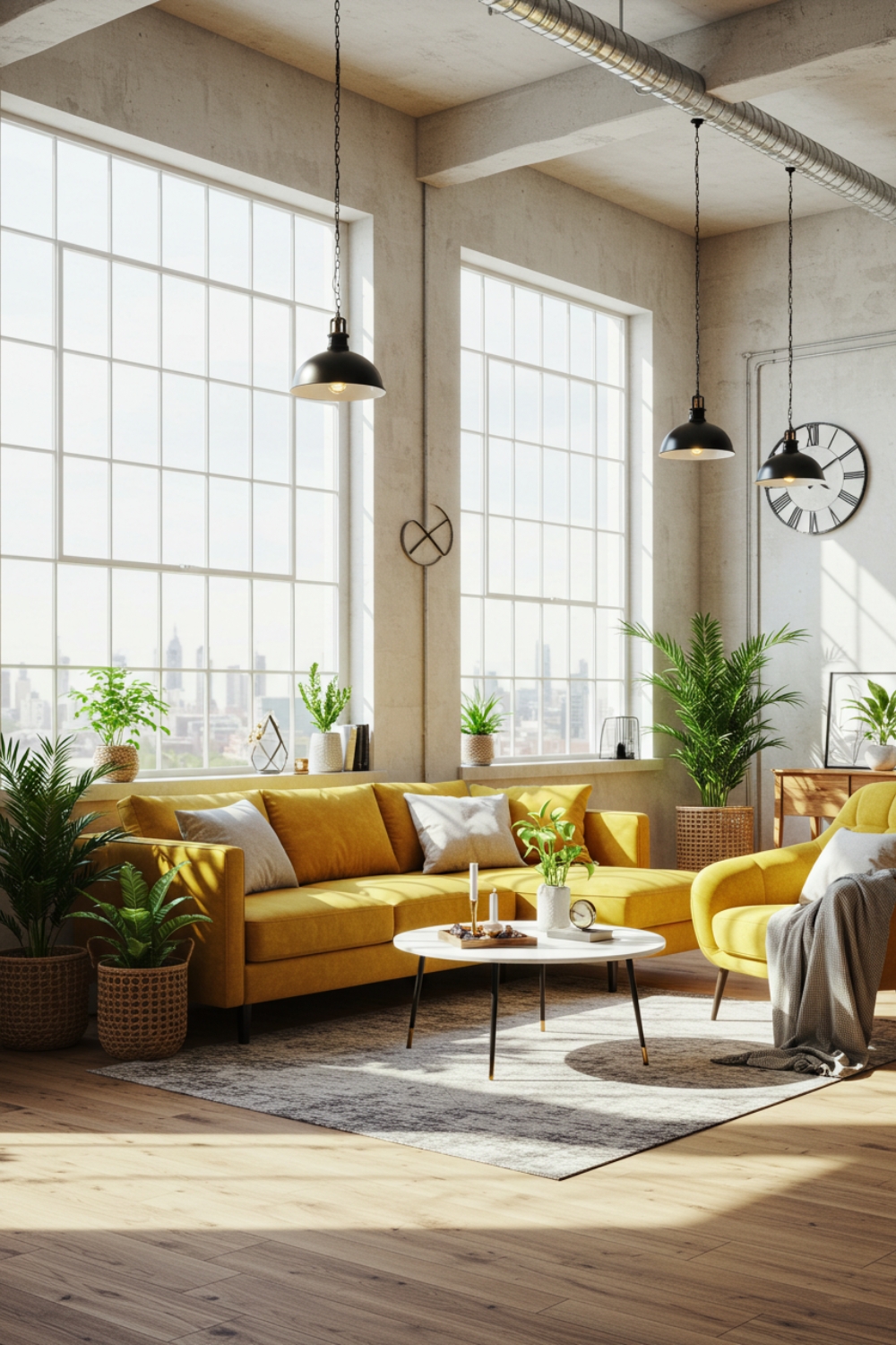 Bright Living Room With Tall Industrial-style Windows 