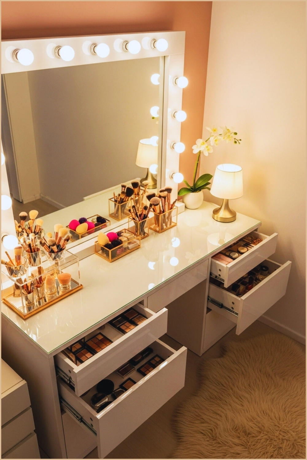 A Chic Modern Vanity Setup With A Glowing Hollywood Mirror Framed