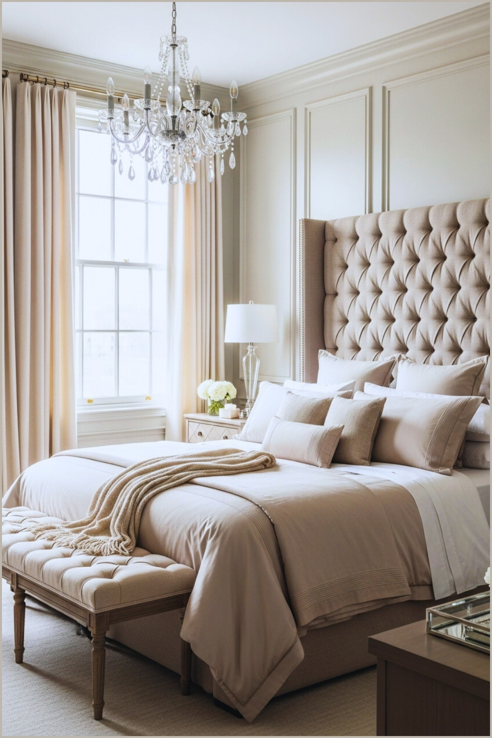 A Classic Elegant Bedroom With Tall Upholstered Headboard