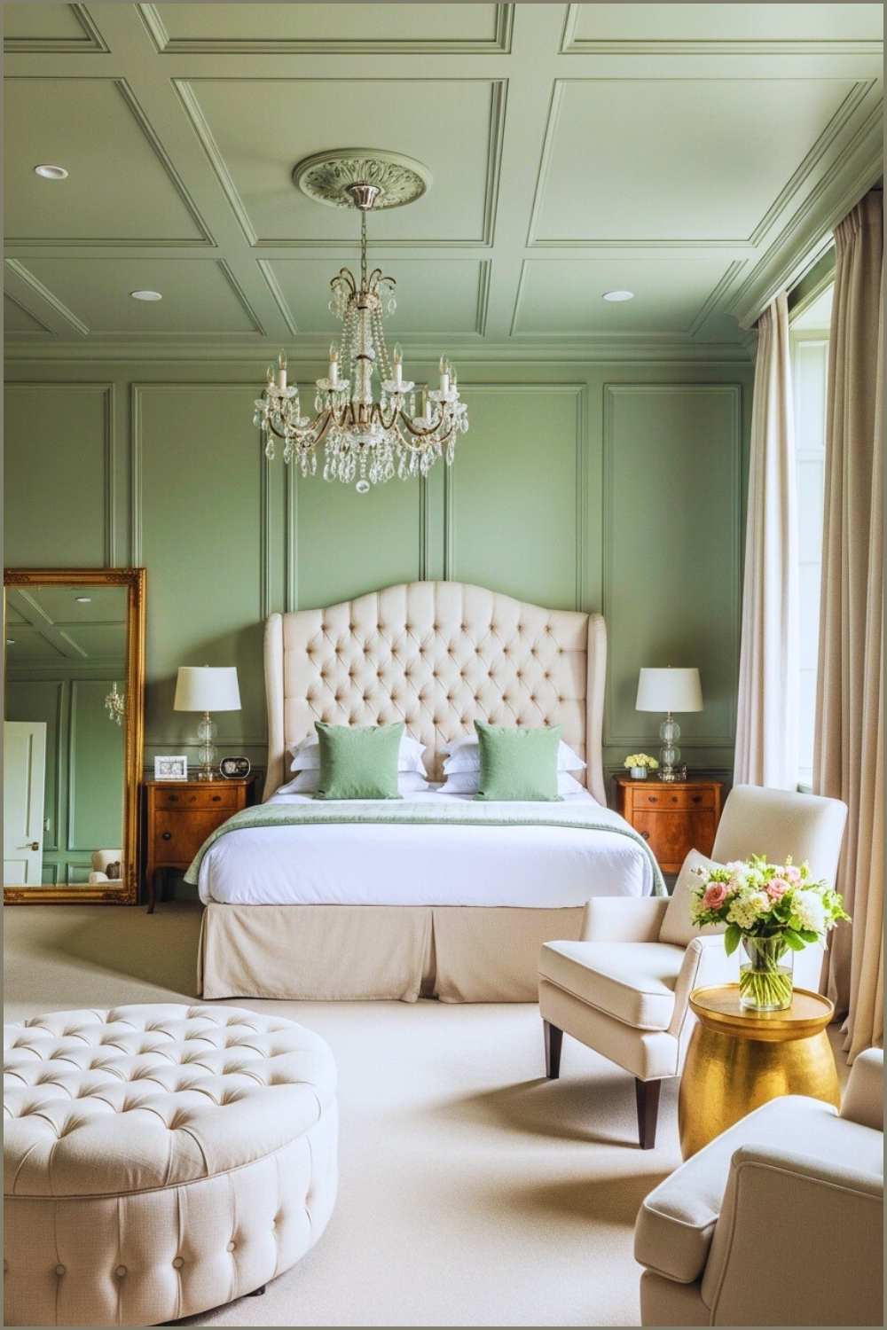 A Classic Luxury Bedroom With Sage Green Paneled Walls And Ceiling