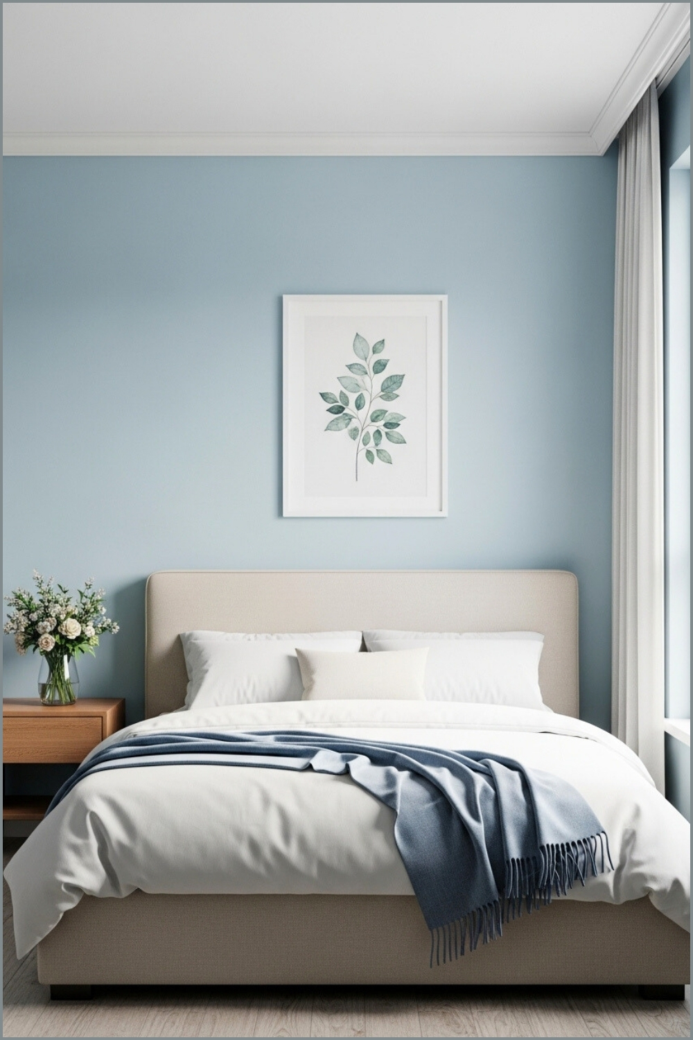 A Clean Bedroom With Pastel Blue Walls, Beige Upholstered Bed