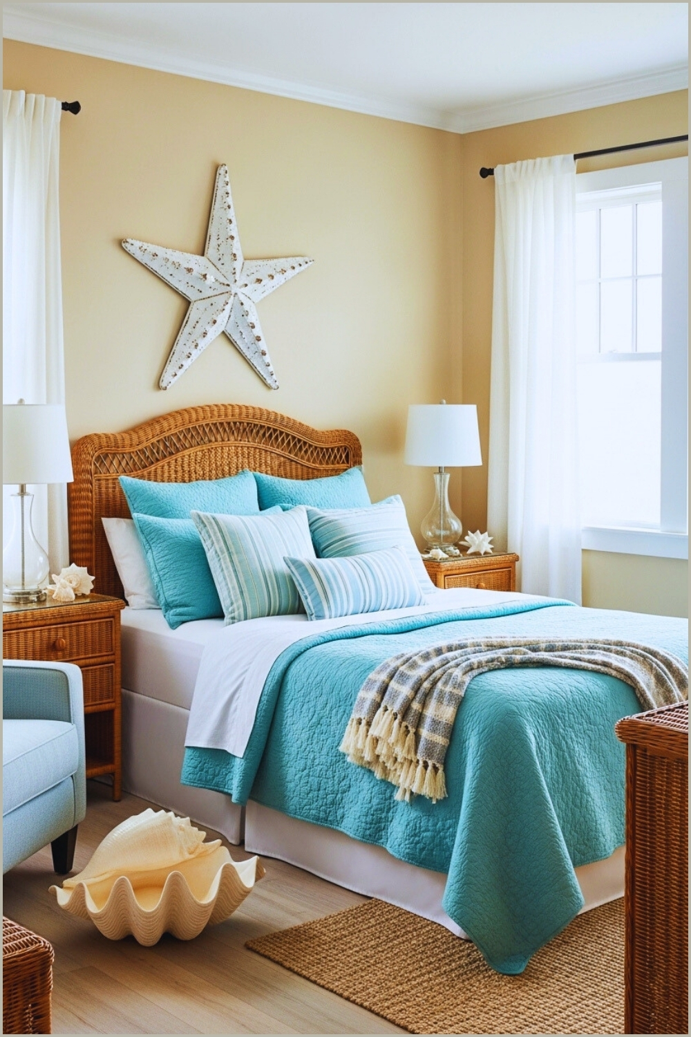 A Coastal Inspired Bedroom With Aqua Blue Bedding, Wicker Furniture