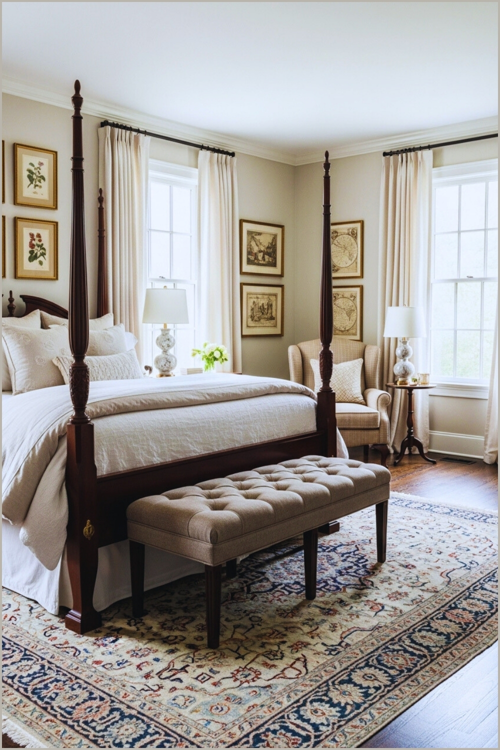 A Colonial Inspired Bedroom With Dark Wood Four Poster Bed Tufted Bench