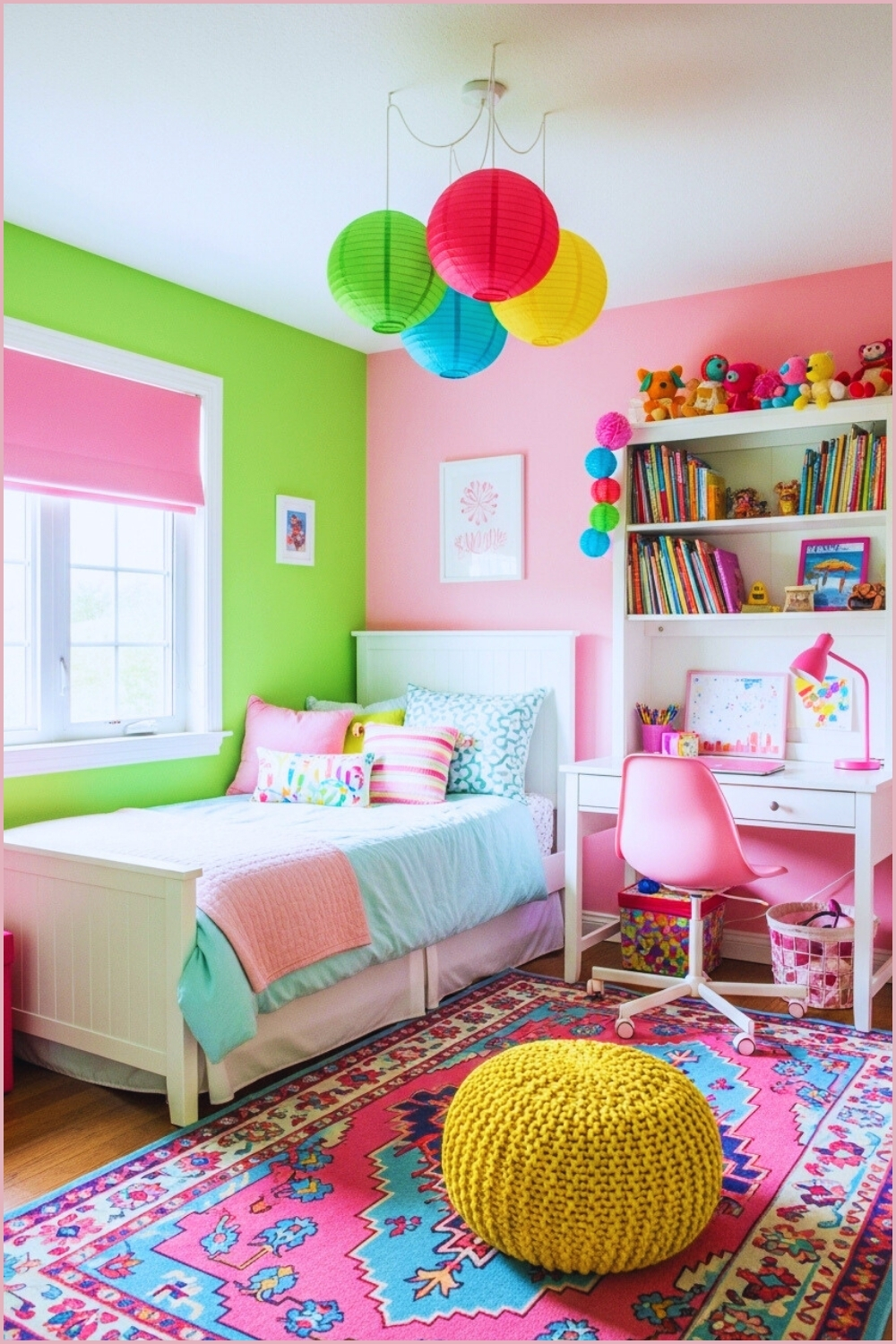 A Colorful Kids Bedroom With Half Green And Half Pink Painted Walls