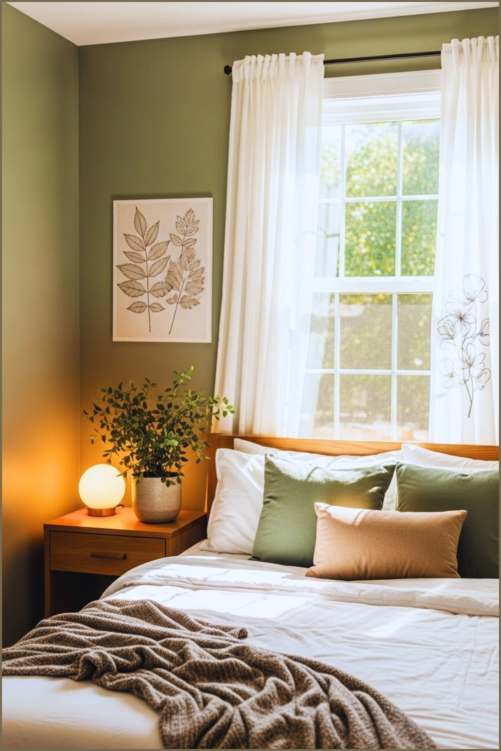 A Cozy Bedroom With Sage Green Walls Large Window With Sheer