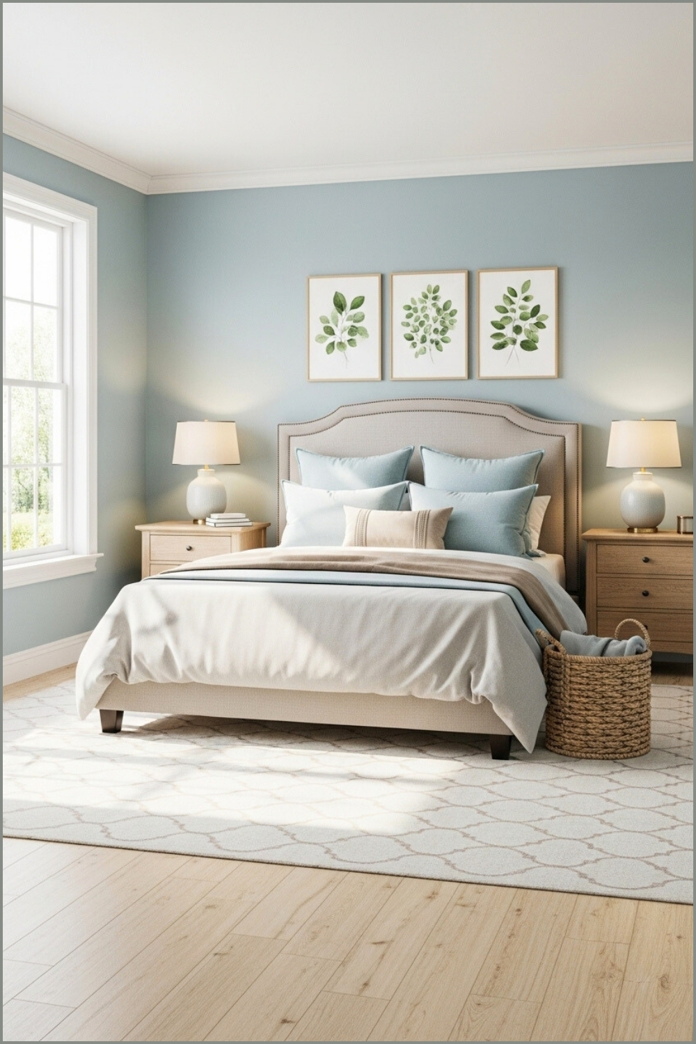 A Cozy Bedroom With Soft Blue Walls, Neutral Upholstered Bed, Layered Pillows