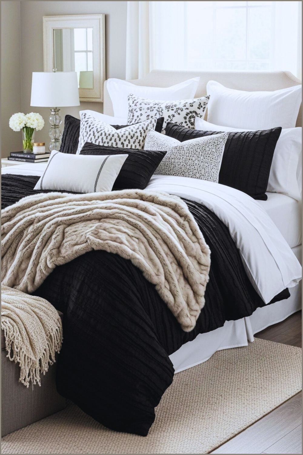 A Cozy Black And White Bedroom With Layers Of Plush Bedding