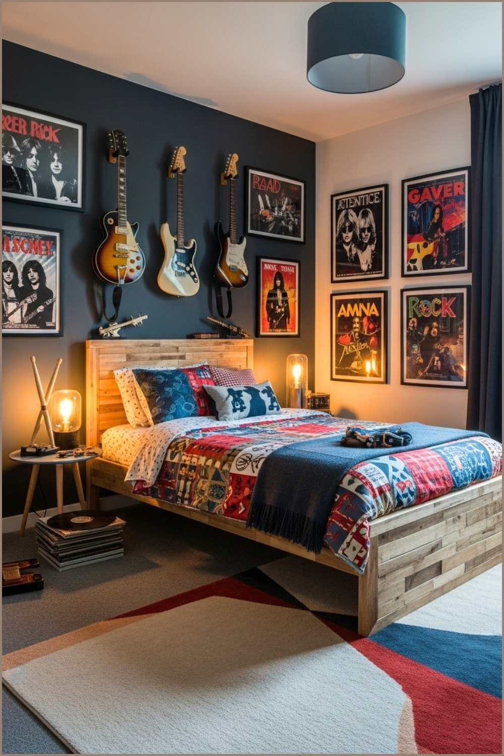 A Cozy Boys Bedroom With Guitars On The Wall, Framed Band Posters