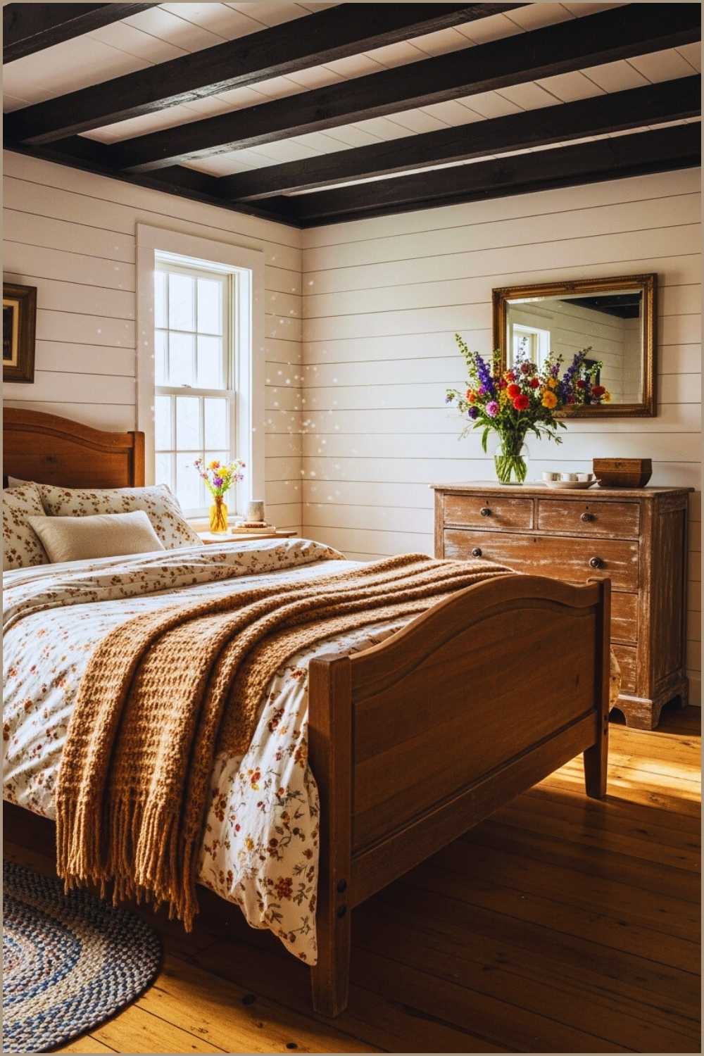 A Cozy Country Cottage Bedroom With Rustic Wooden Beams