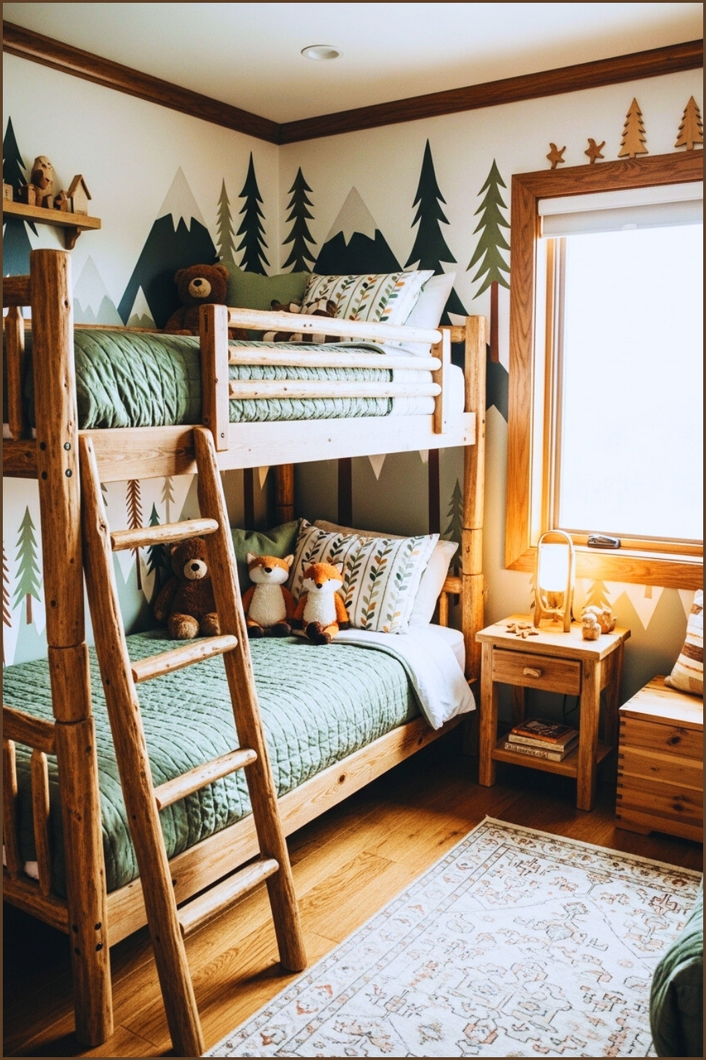 A Cozy Kids Bedroom With Wooden Bunk Beds Forest Themed Mural On Walls