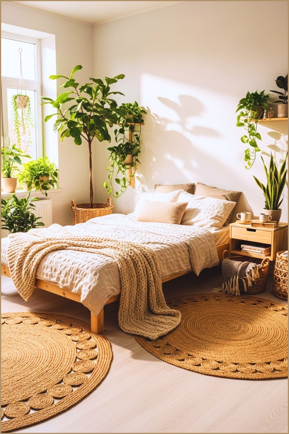 A Cozy Minimalist Bedroom Filled With Lush Green Plants Soft Natural Light