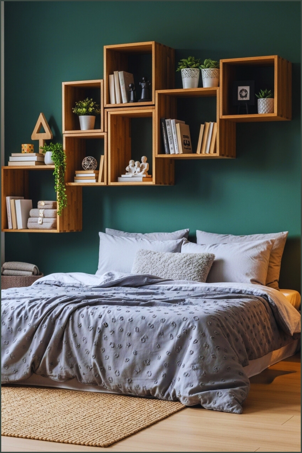 A Cozy Modern Bedroom With A Dark Green Accent Wall Featuring