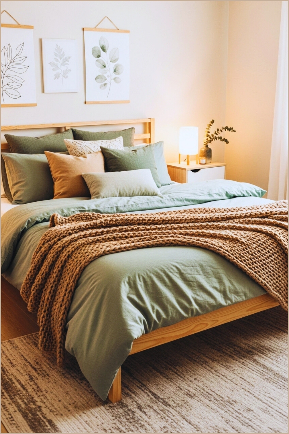 A Cozy Modern Bedroom With Soft Sage Green Bedding Layered Pillows