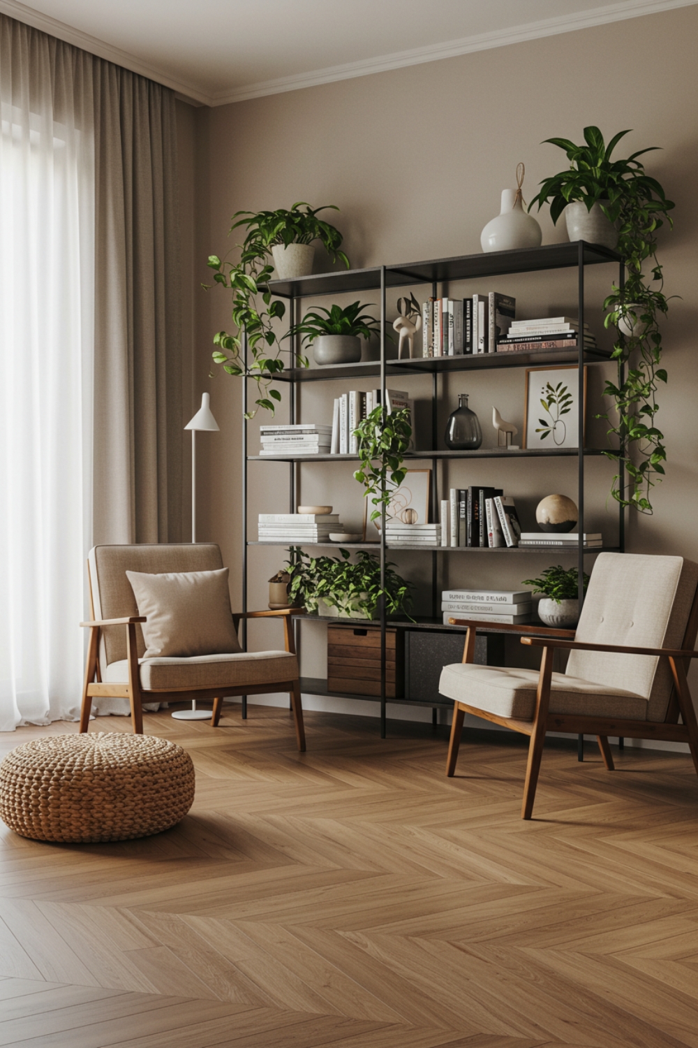 Cozy Living Room With Large Black Metal Bookshelf 