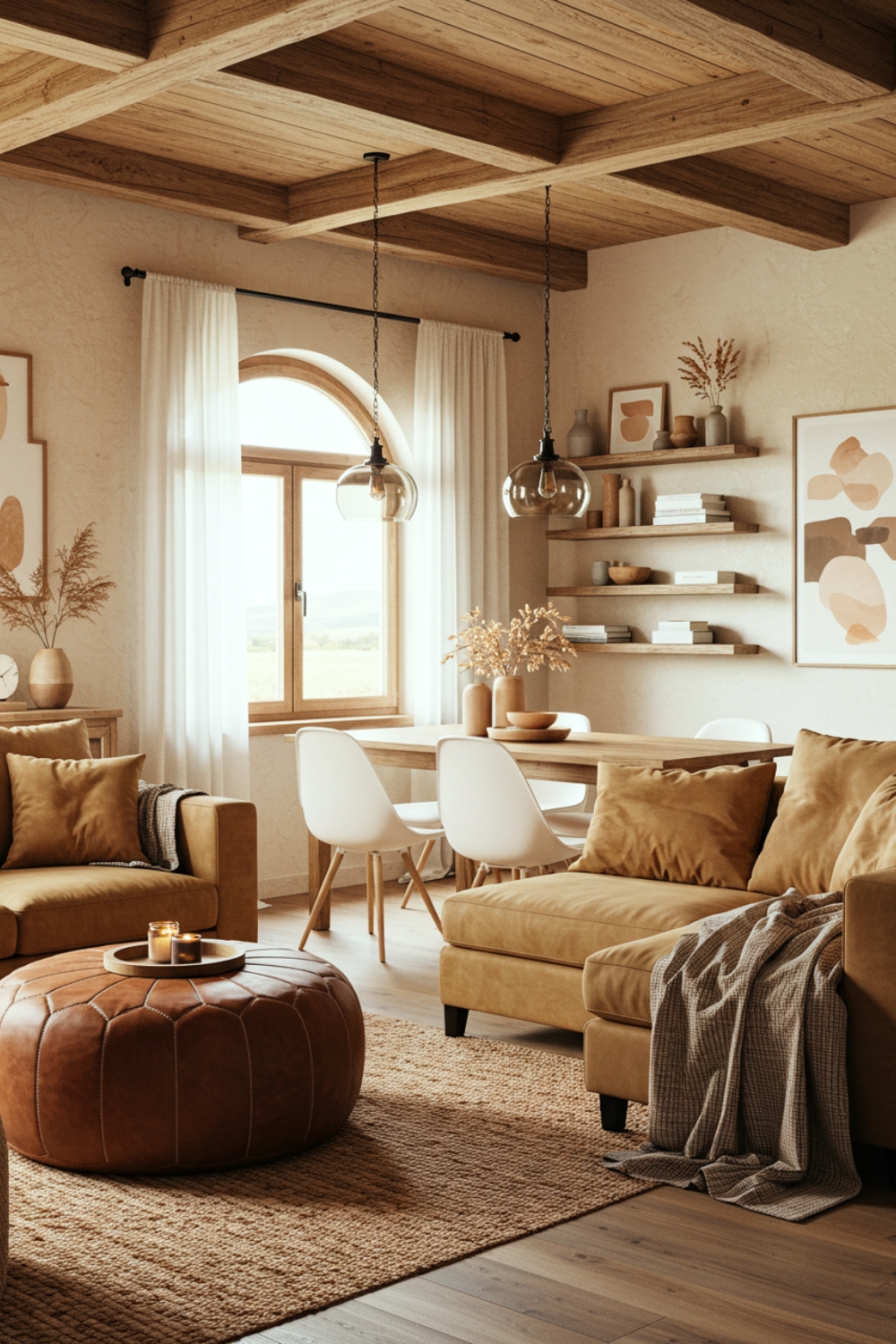 Cozy Rustic Living Room With Earthy Tones And Wooden Beams