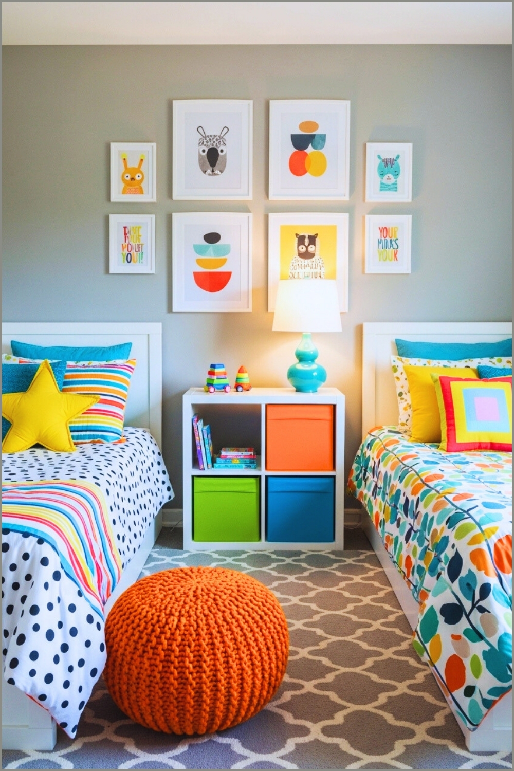 A Cozy Shared Kids Bedroom With Two Twin Beds Colorful Patterned
