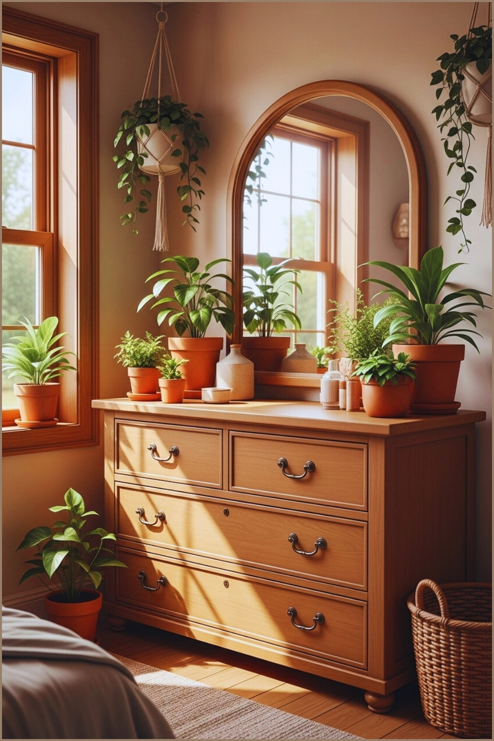 A Cozy Vintage Bedroom Corner Featuring A Rustic Wooden Dresser