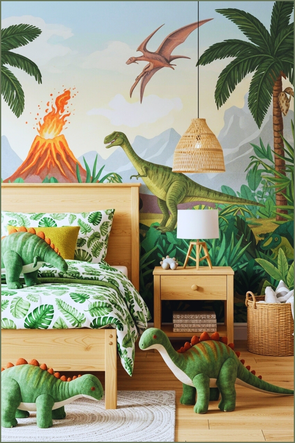 A Dinosaur Themed Kids Bedroom With Jungle Wall Mural Featuring