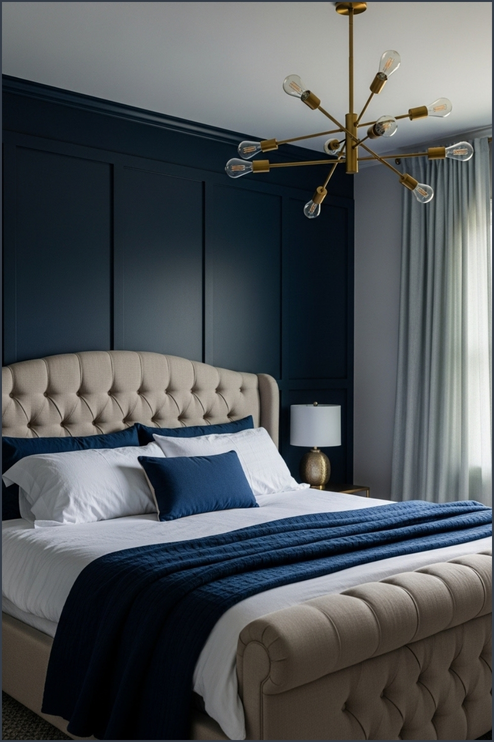 A Dramatic Bedroom With Dark Navy Accent Wall, Beige Tufted Bed