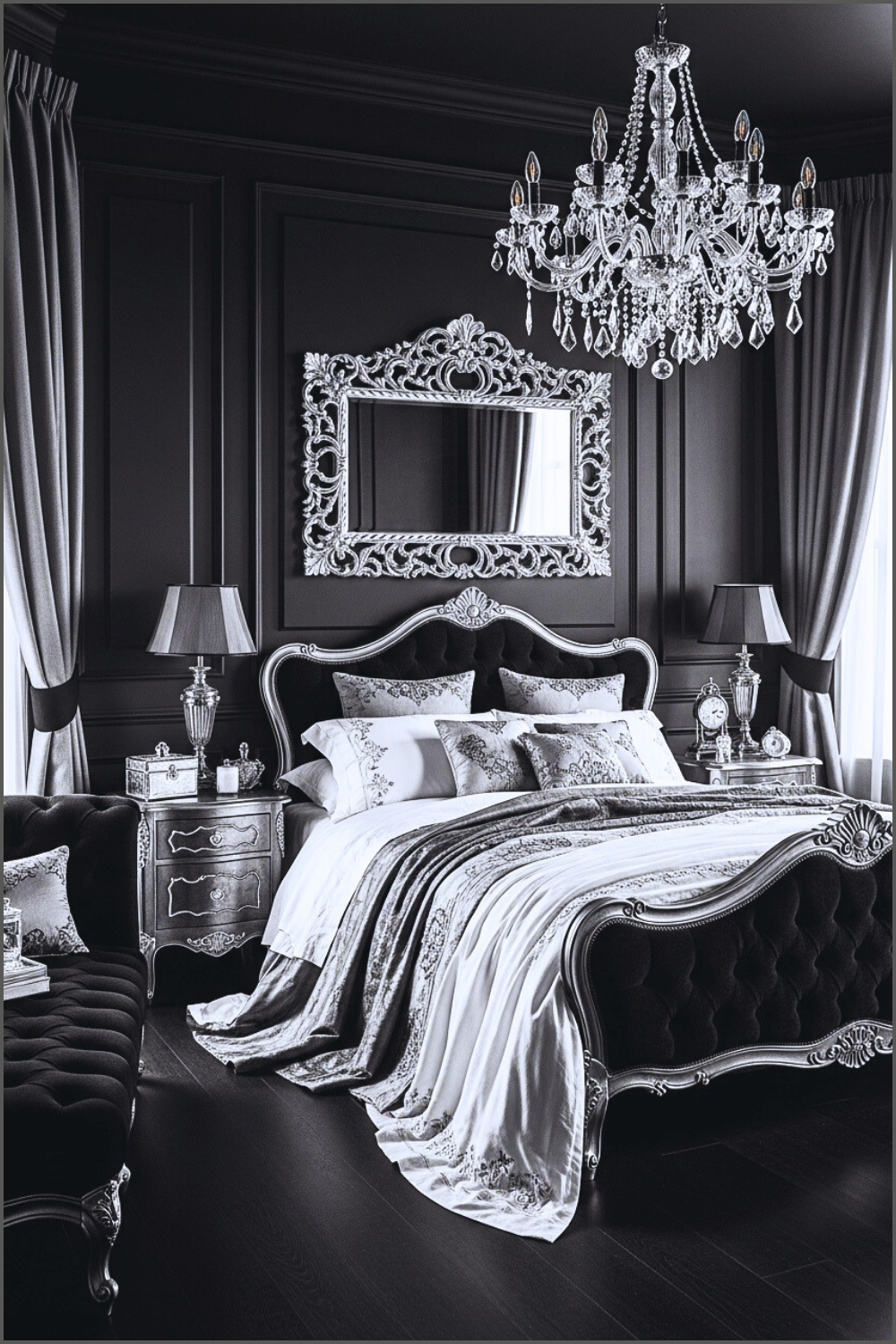 A Dramatic Black And White Bedroom With Vintage Elegance