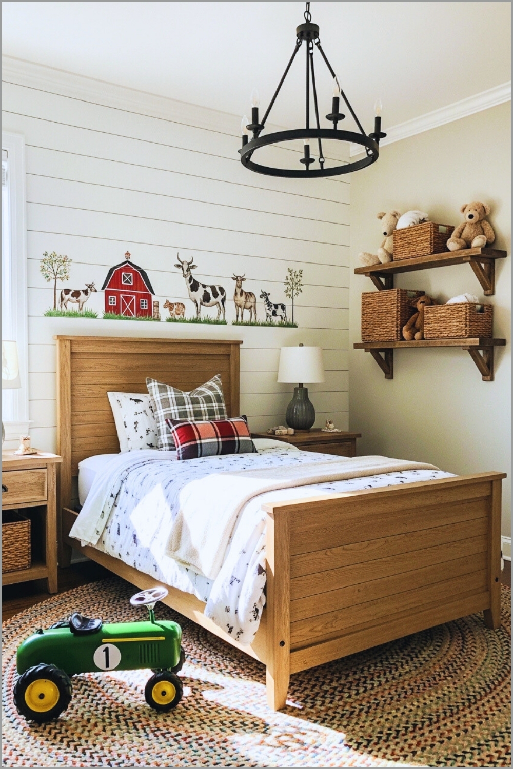 A Farmhouse Style Kids Bedroom With Wooden Bed Frame And Shiplap