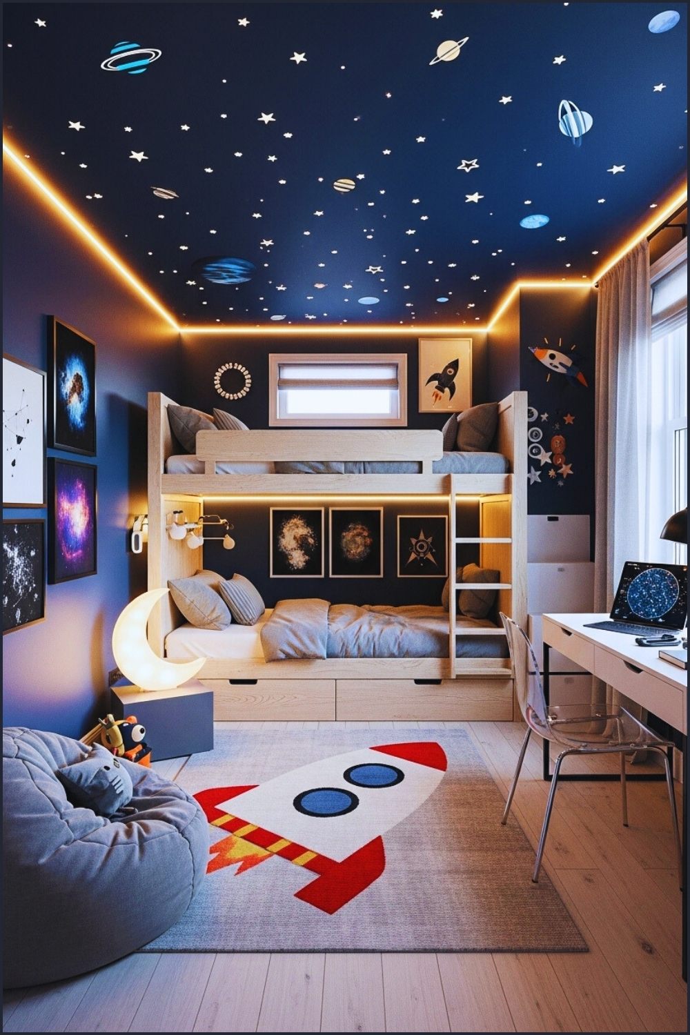 A Futuristic Kids Bedroom With Navy Blue Walls And Ceiling Decorated