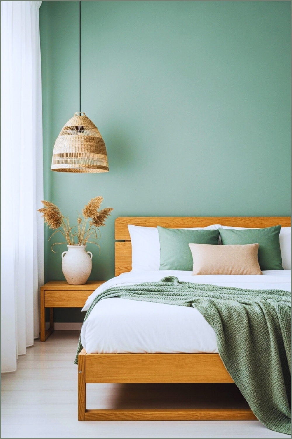 A Japandi Style Bedroom With Sage Green Walls Wooden Bed Frame