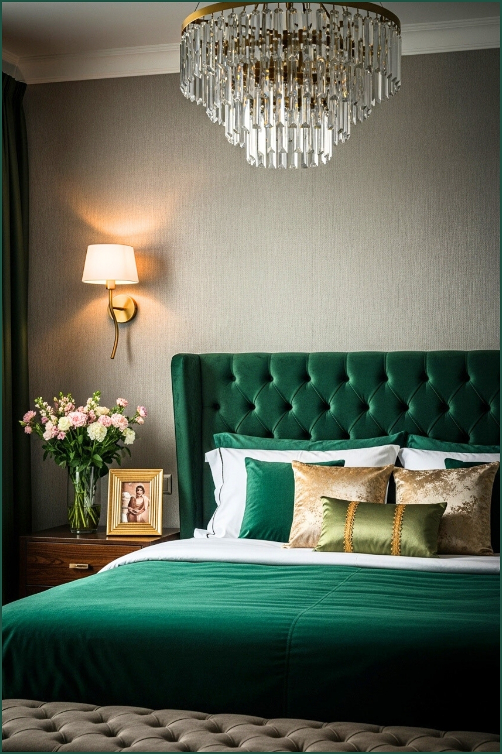 A Luxurious Bedroom With Emerald Green Velvet Bedding