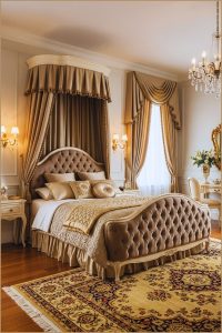 A Luxurious Traditional Bedroom With Tall Tufted Upholstered Canopy Bed
