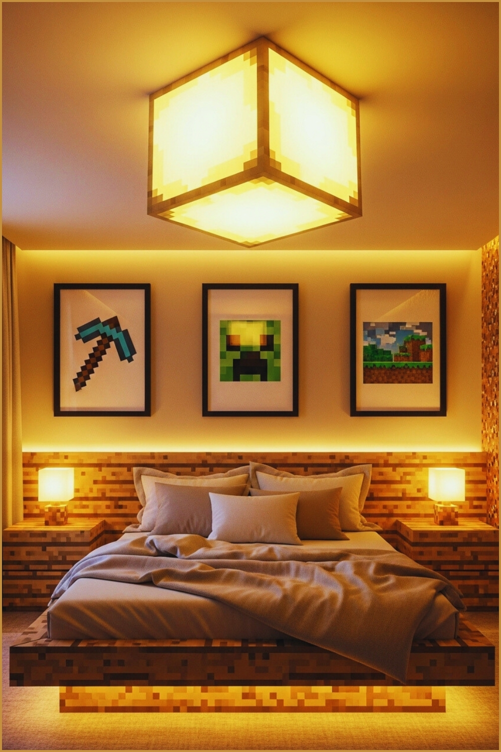 A Minecraft Inspired Bedroom With A Glowstone Style Ceiling Light