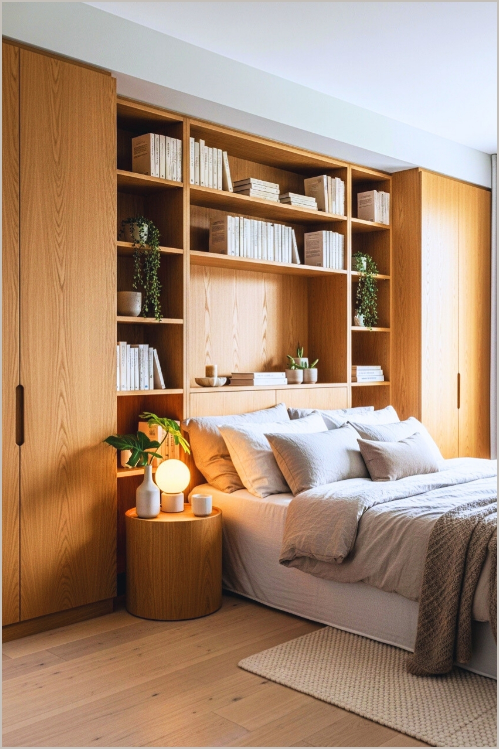 A Minimalist Modern Bedroom With Built In Wooden Storage Shelves