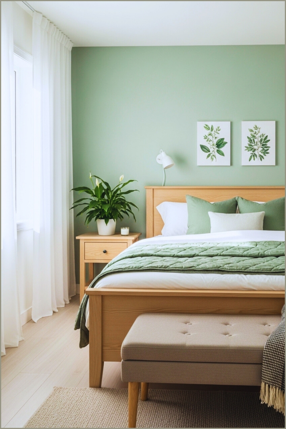 A Minimalist Modern Bedroom With Sage Green Walls Wooden Bed Frame