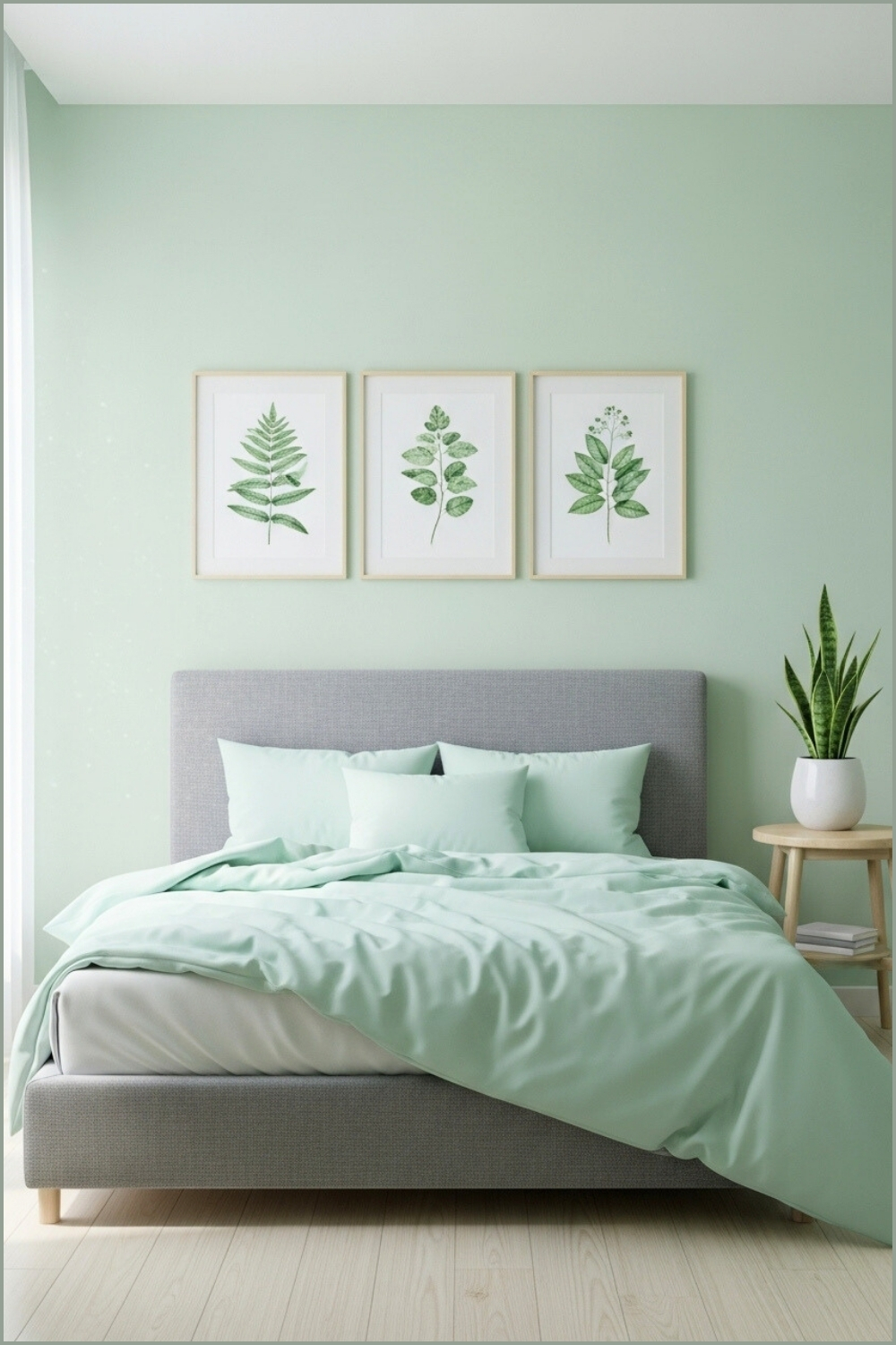 A Minimalist Pastel Green Bedroom With Gray Upholstered Bed